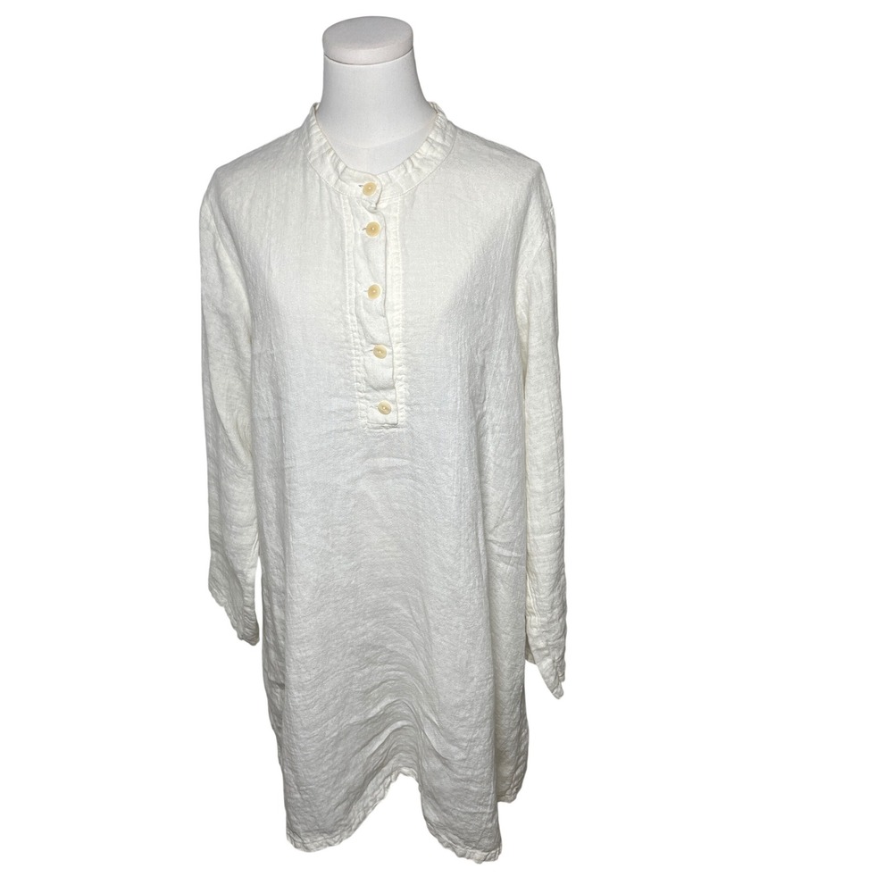 FLAX Cream Linen Henley Tunic Longline Top Size M